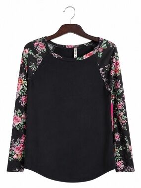 Goo Yoo Black Tunic Top Floral Sleeves Women’s Medium Long Sleeve Tee